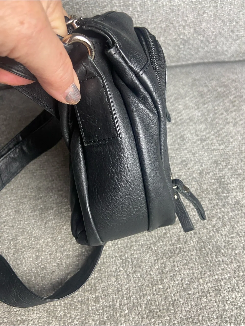 Black Leather Messenger Bag with Front Zip Pocket Unisex